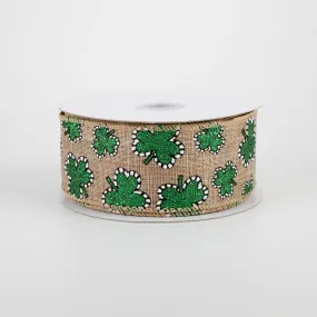 1.5" Dashed Edge Glitter Shamrock Ribbon: Natural (10 Yards)