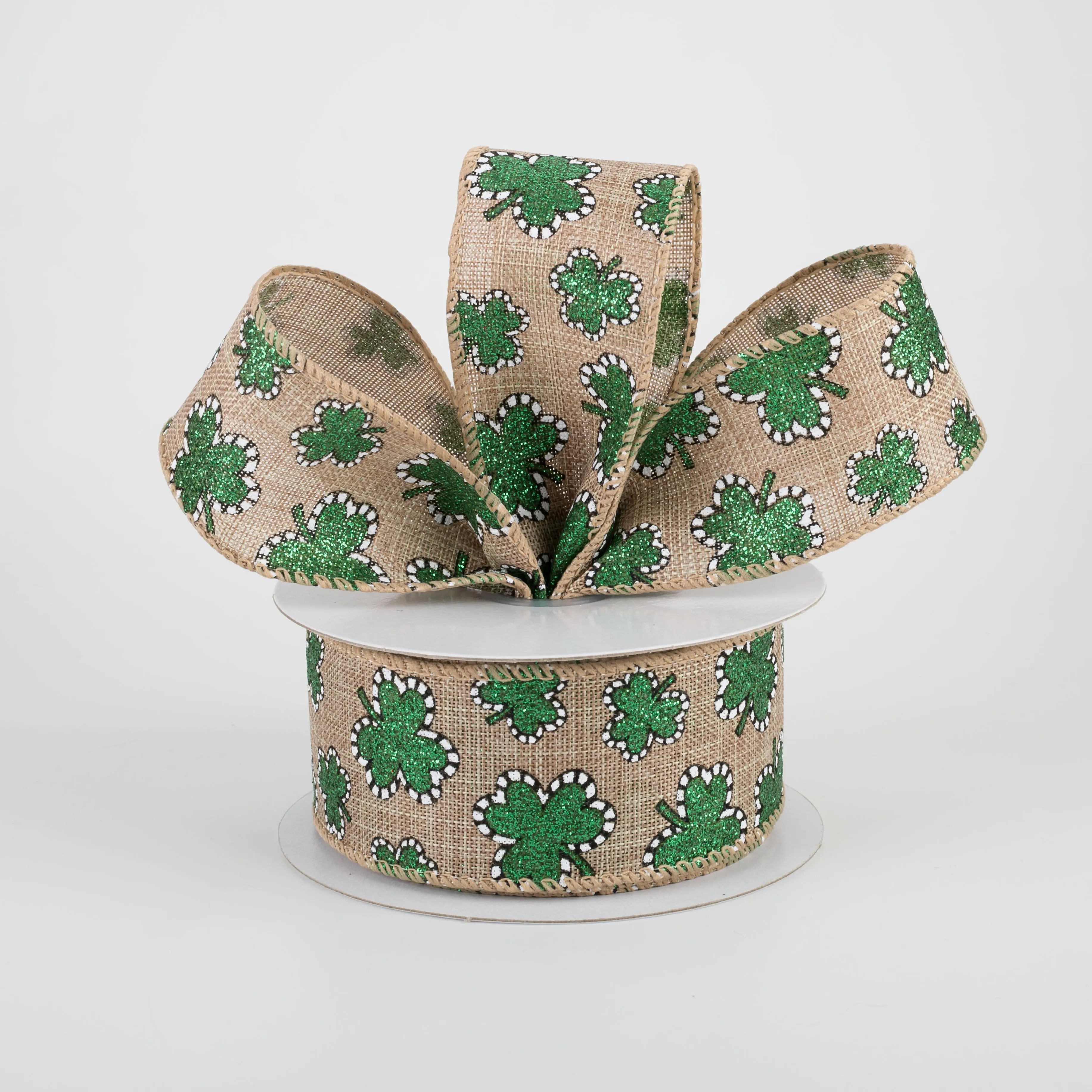 1.5" Dashed Edge Glitter Shamrock Ribbon: Natural (10 Yards)
