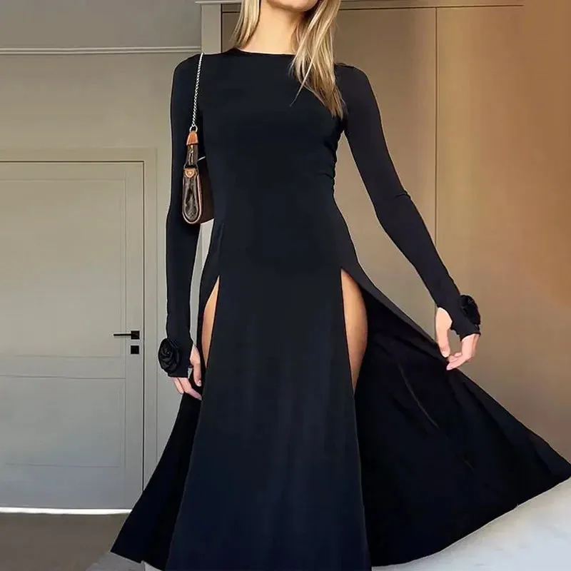 2024 Ellafads Rose Split A-Line Full Sleeve Midi Dress