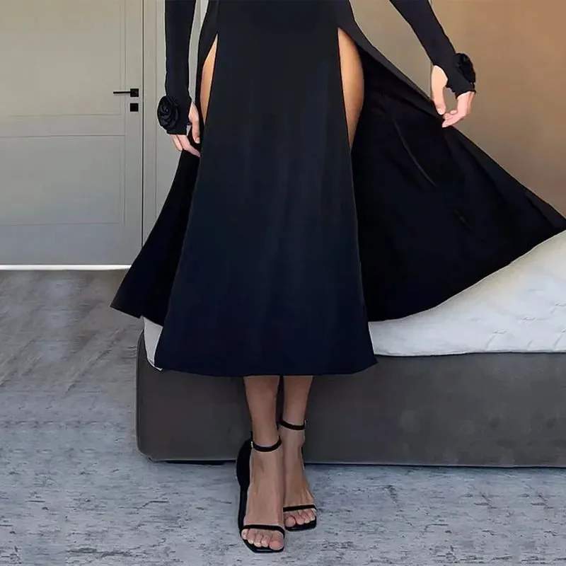 2024 Ellafads Rose Split A-Line Full Sleeve Midi Dress