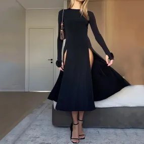 2024 Ellafads Rose Split A-Line Full Sleeve Midi Dress