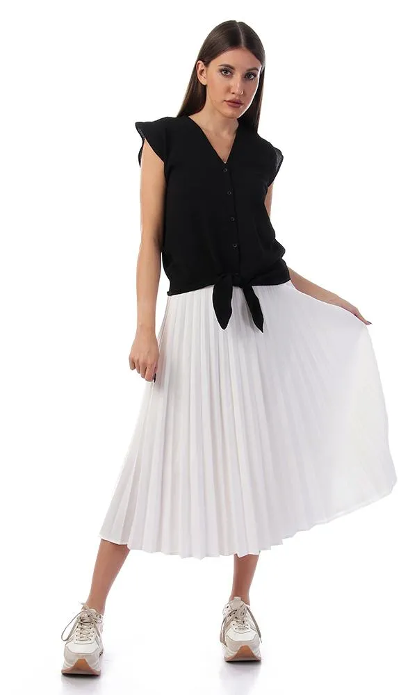 57133 Tie-Front Buttoned V-Neck Black Shirt