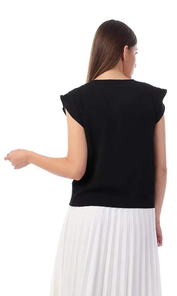 57133 Tie-Front Buttoned V-Neck Black Shirt