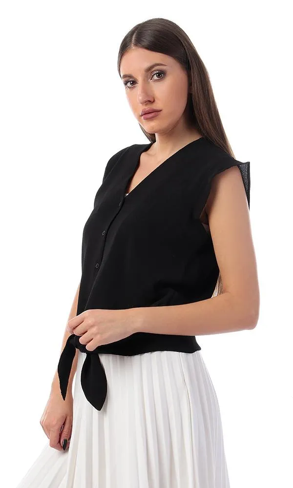 57133 Tie-Front Buttoned V-Neck Black Shirt