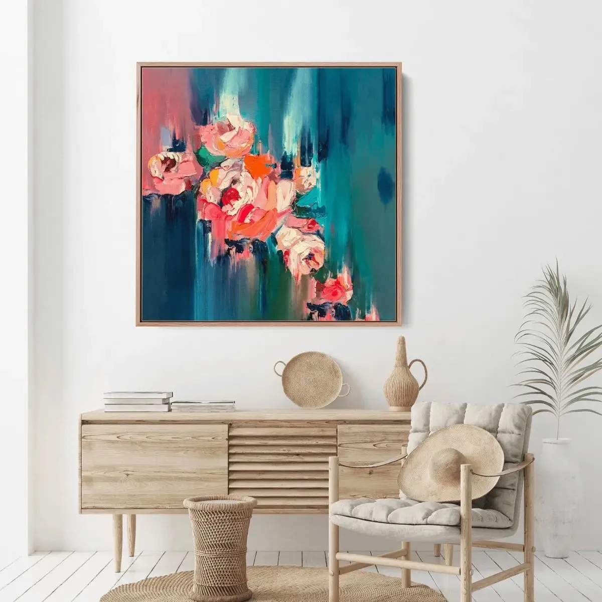 A Golden Day - Abstract Pink and Green Floral Canvas Artwork Wall Art Print