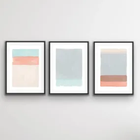 A Path Forward - Abstract Coral Pink and Blue Three Piece Print Set Triptych