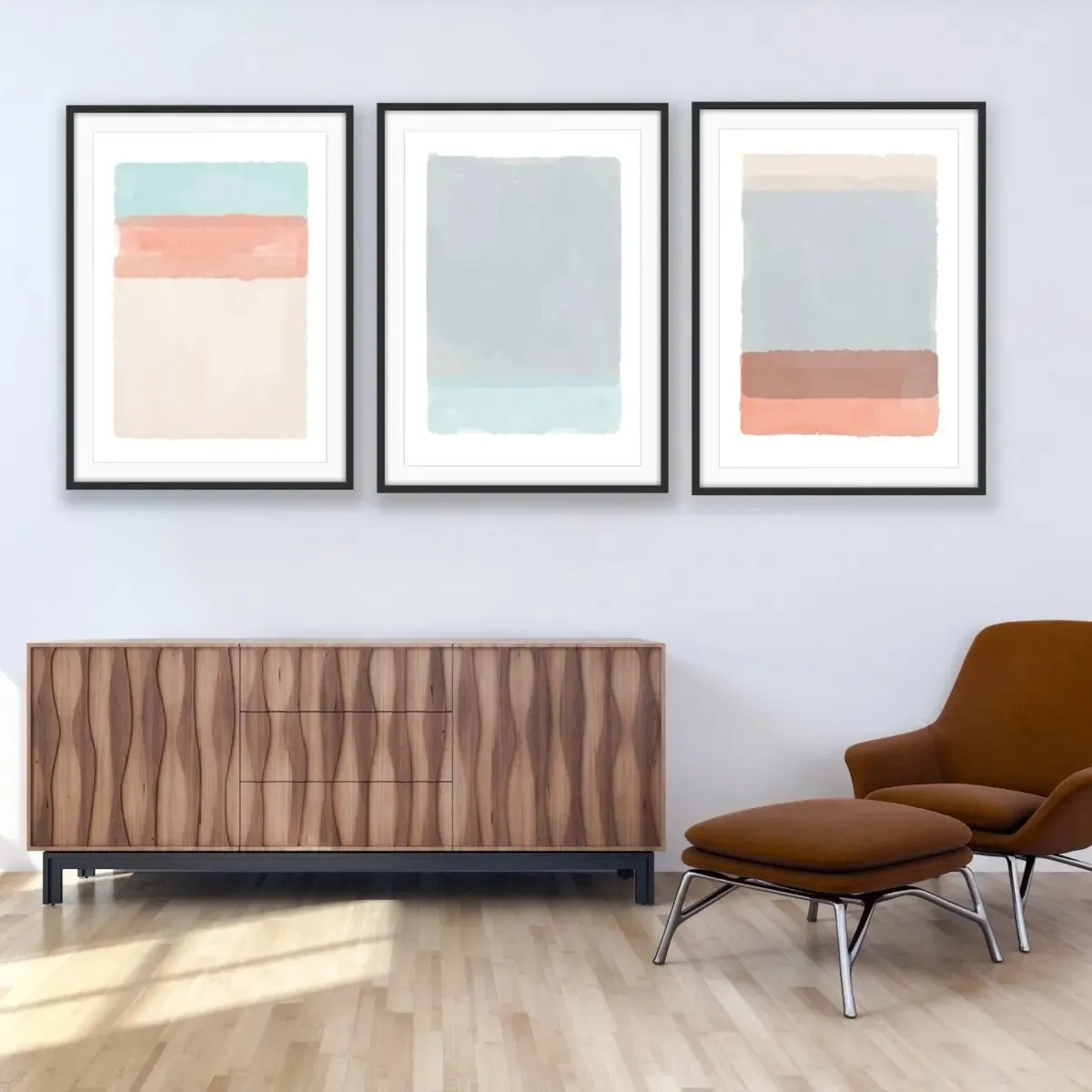 A Path Forward - Abstract Coral Pink and Blue Three Piece Print Set Triptych