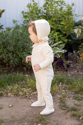 Bee & Dee Snow White Velour Eyelet Collar Footie with Bonnet