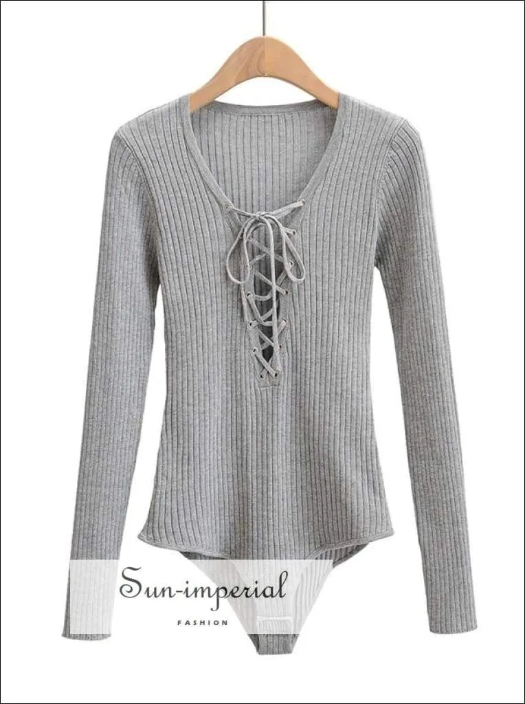 Black Lace up Rib Knit Bodysuit Long Sleeved Knit Bodysuit