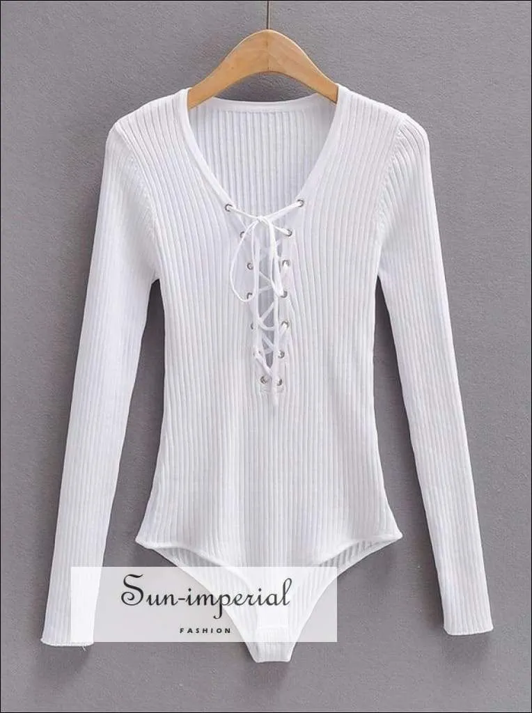 Black Lace up Rib Knit Bodysuit Long Sleeved Knit Bodysuit