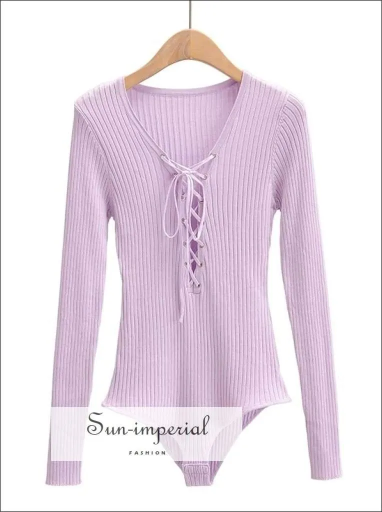 Black Lace up Rib Knit Bodysuit Long Sleeved Knit Bodysuit