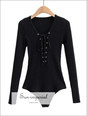 Black Lace up Rib Knit Bodysuit Long Sleeved Knit Bodysuit