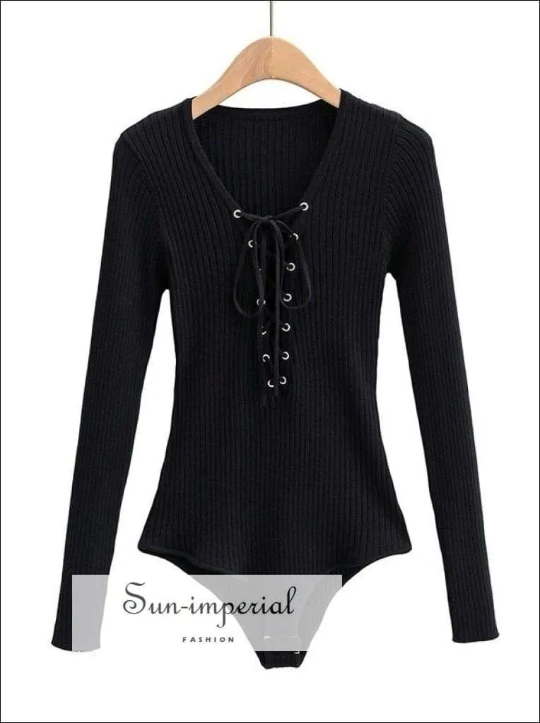 Black Lace up Rib Knit Bodysuit Long Sleeved Knit Bodysuit