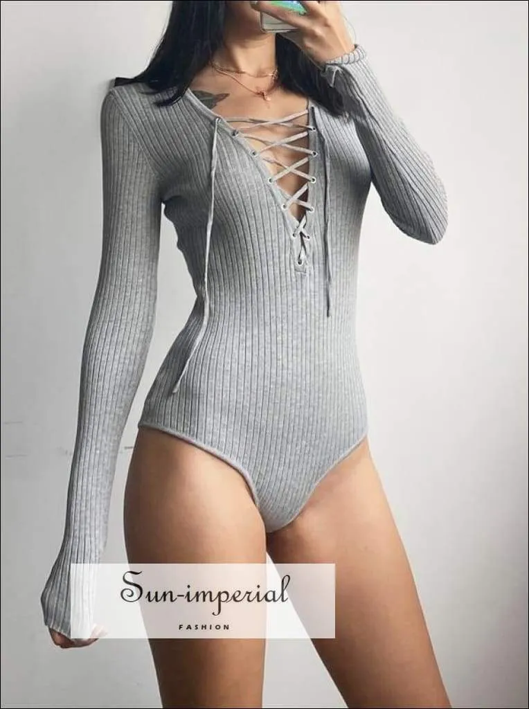 Black Lace up Rib Knit Bodysuit Long Sleeved Knit Bodysuit