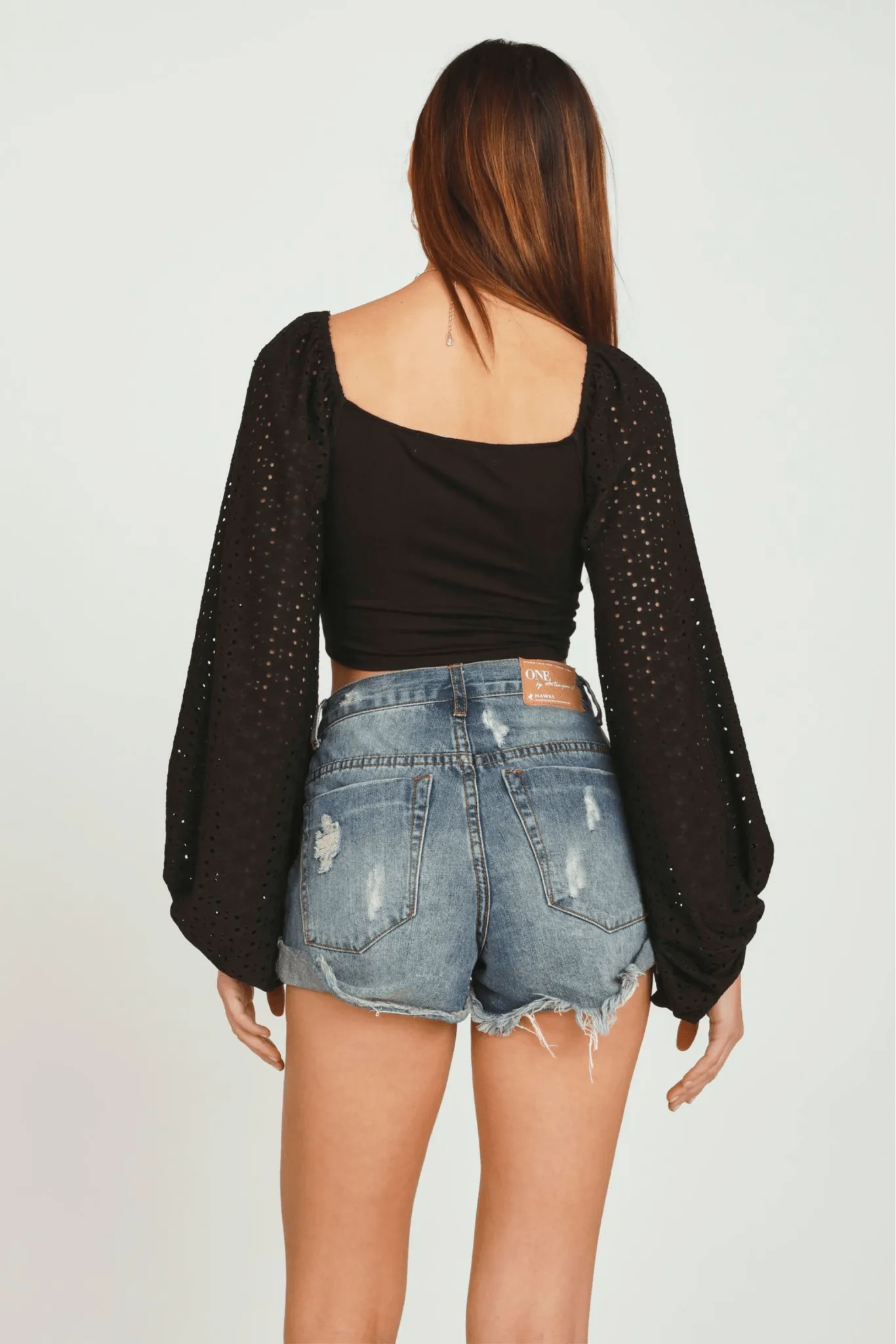 Black Ruched Eyelet Combo Top