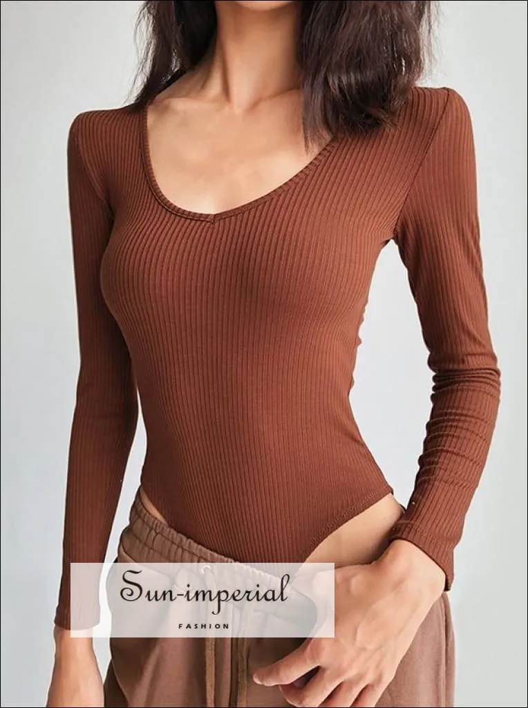Camel V Neck Long Sleeve Ribbed Bodysuit