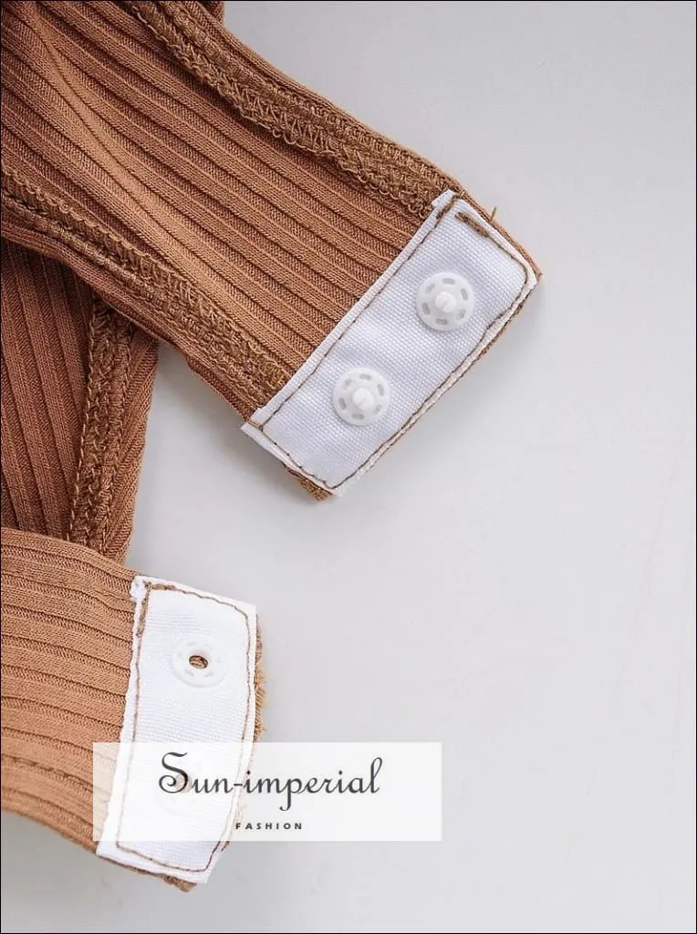 Camel V Neck Long Sleeve Ribbed Bodysuit