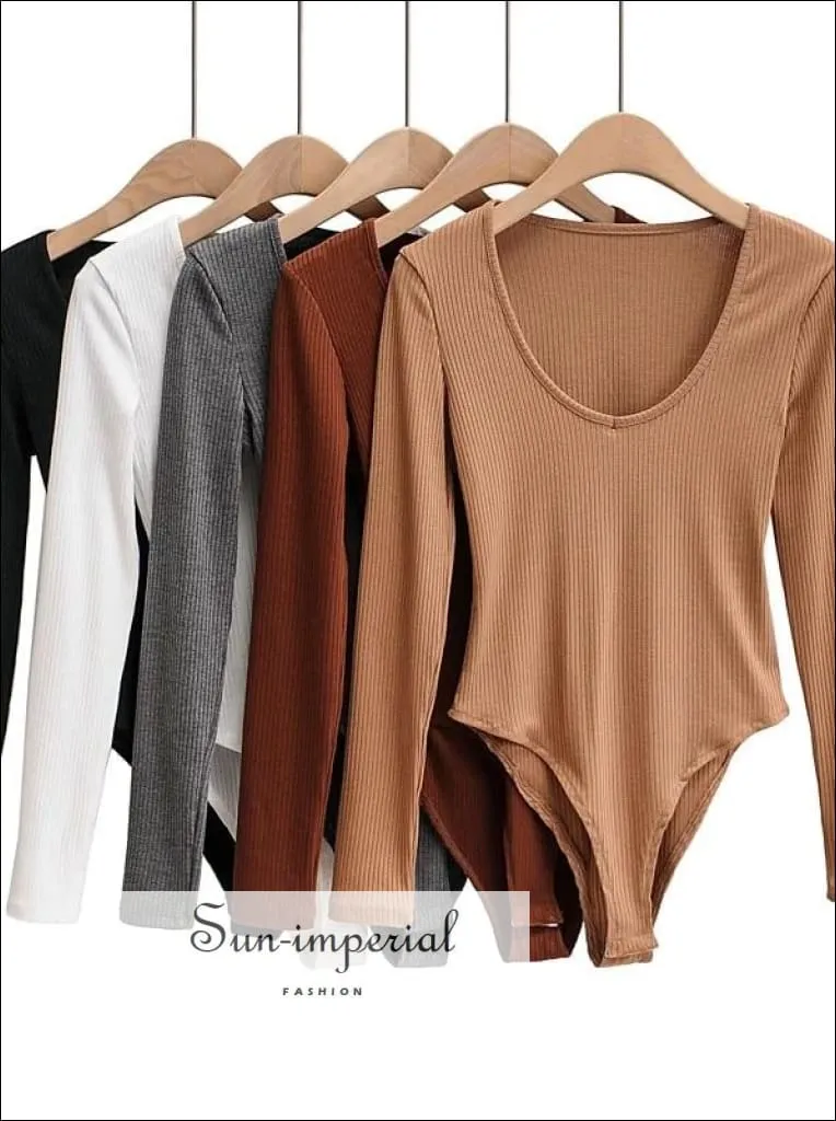 Camel V Neck Long Sleeve Ribbed Bodysuit