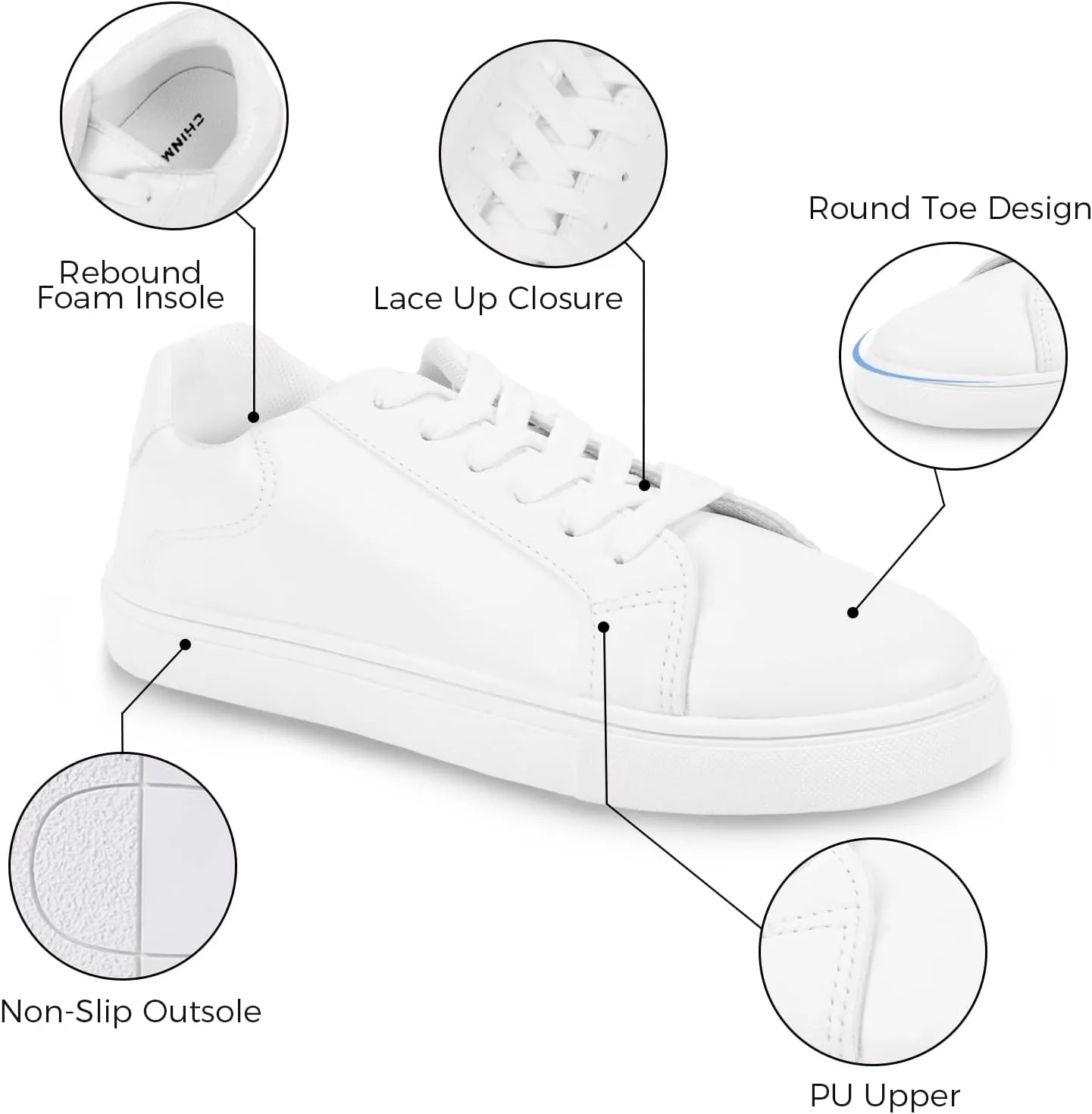 CHINMOON Women's Fashion Sneakers White PU Leather Casual Shoes Low Top Lace Up Tennis Sneakers