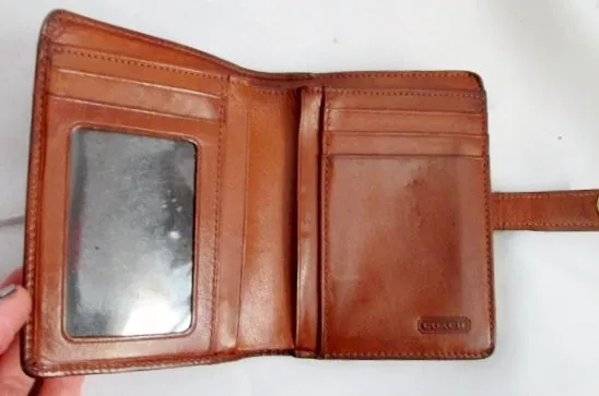 COACH Leather Bifold Change Purse Wallet Pouch BROWN Organizer Photo Holder Snap