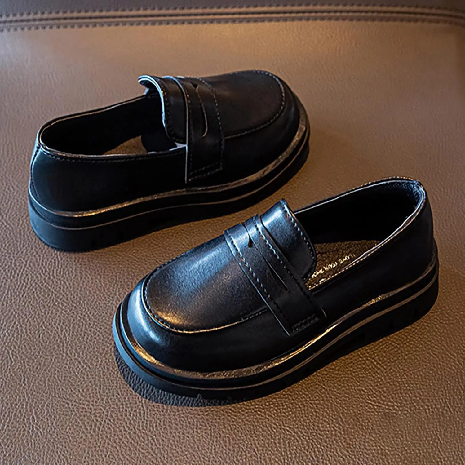 Generic Girls Platform Loafers Solid Color Slip on Leather Shoes School Un𝐢form Dress Shoes Non Slip Comfortable Shoes