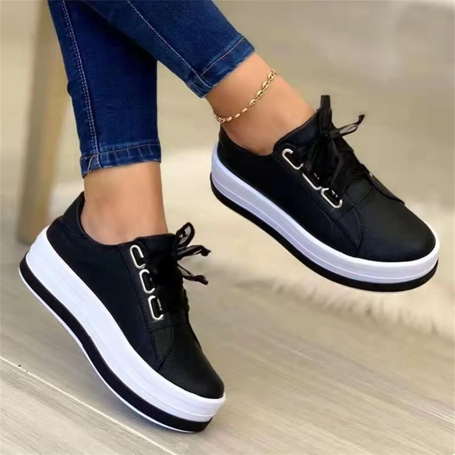 Lausiuoe Shoes For Women Dressy Casual Platform Leather Sneakers Low Top Fashion Comfortable Walking Flat Shoes Loafers