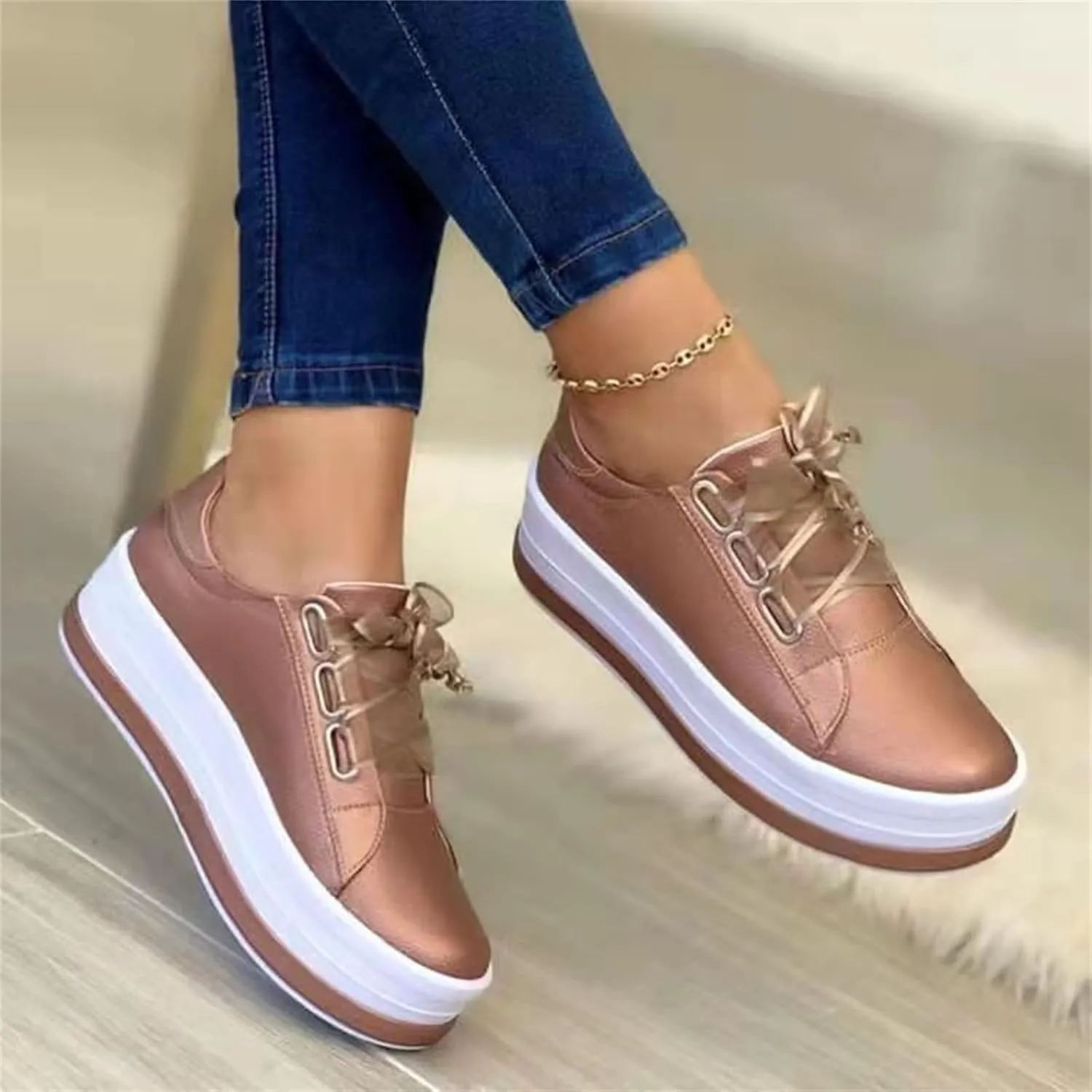 Lausiuoe Shoes For Women Dressy Casual Platform Leather Sneakers Round Toe Fashion Flat Shoes Comfortable Walking Loafers