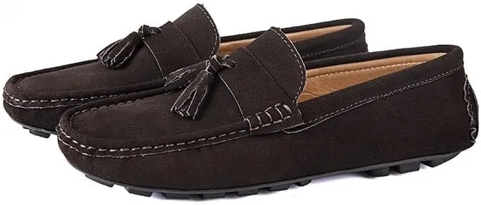 Loafers for Men Round Toe Nubuck Leather Driving Loafers with Tassel Flat Heel Slip Resistant Lightweight Prom Slip-on