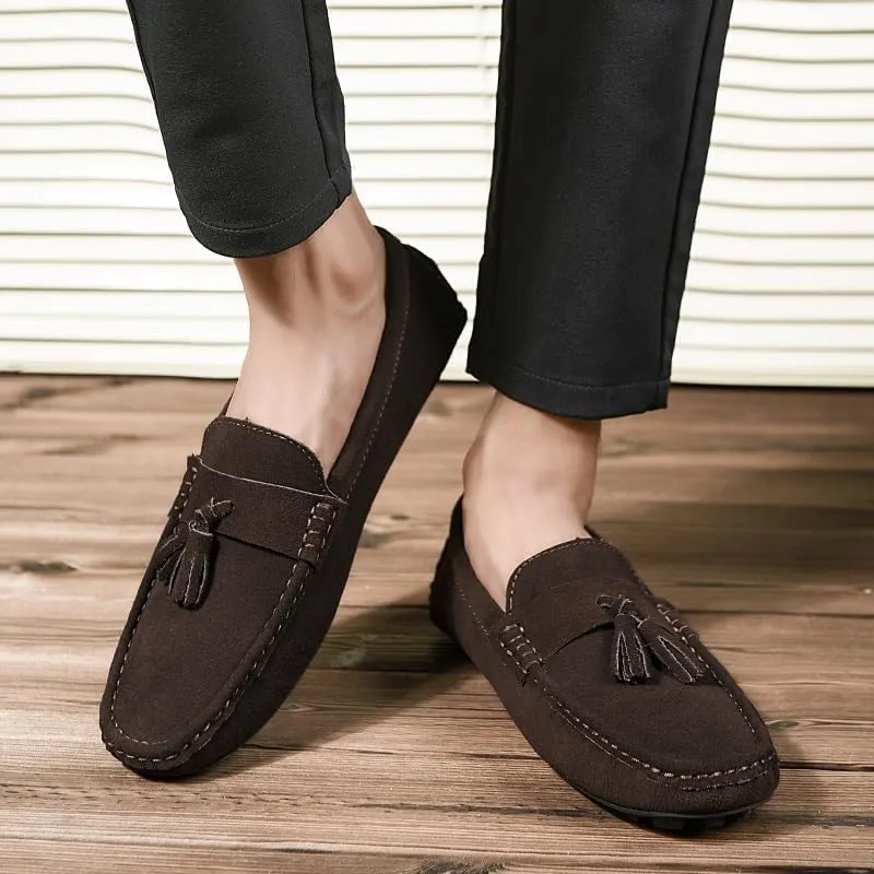 Loafers for Men Round Toe Nubuck Leather Driving Loafers with Tassel Flat Heel Slip Resistant Lightweight Prom Slip-on