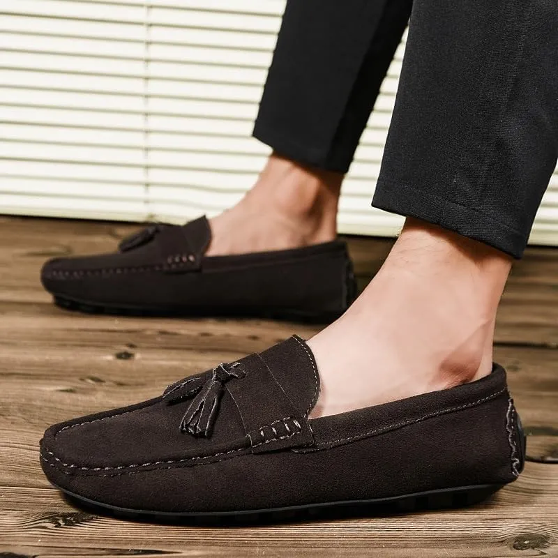 Loafers for Men Round Toe Nubuck Leather Driving Loafers with Tassel Flat Heel Slip Resistant Lightweight Prom Slip-on