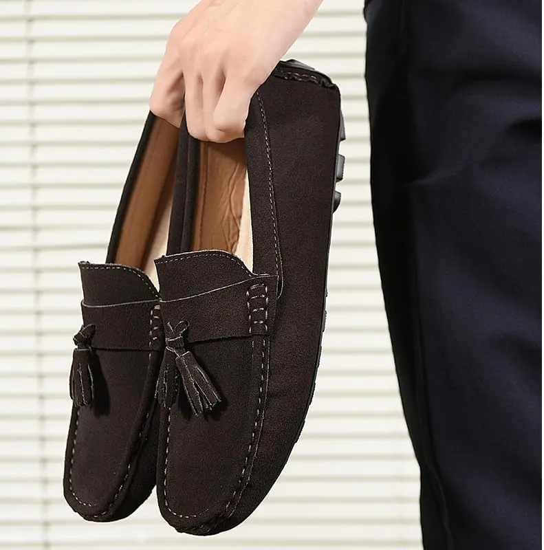 Loafers for Men Round Toe Nubuck Leather Driving Loafers with Tassel Flat Heel Slip Resistant Lightweight Prom Slip-on