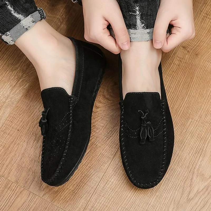 Loafers for Men Round Toe Nubuck Leather with Tassel Loafer Slip Resistant Flat Heel Anti-Slip Outdoor Wedding Slip-on