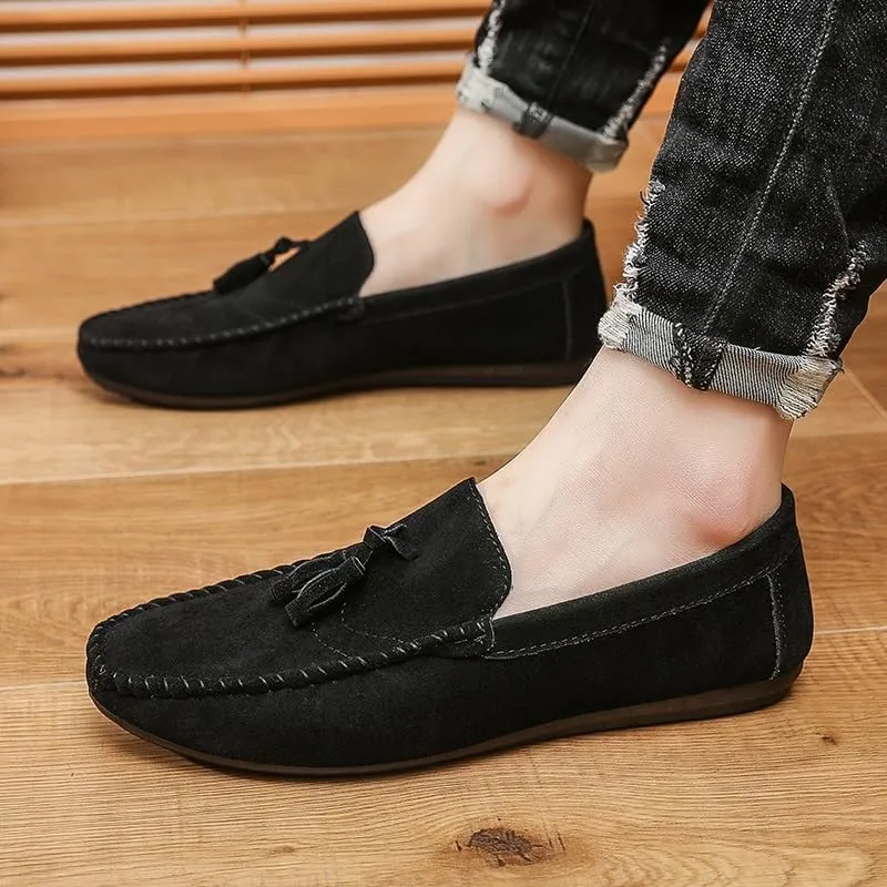 Loafers for Men Round Toe Nubuck Leather with Tassel Loafer Slip Resistant Flat Heel Anti-Slip Outdoor Wedding Slip-on