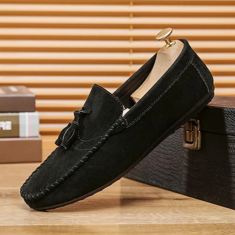 Loafers for Men Round Toe Nubuck Leather with Tassel Loafer Slip Resistant Flat Heel Anti-Slip Outdoor Wedding Slip-on