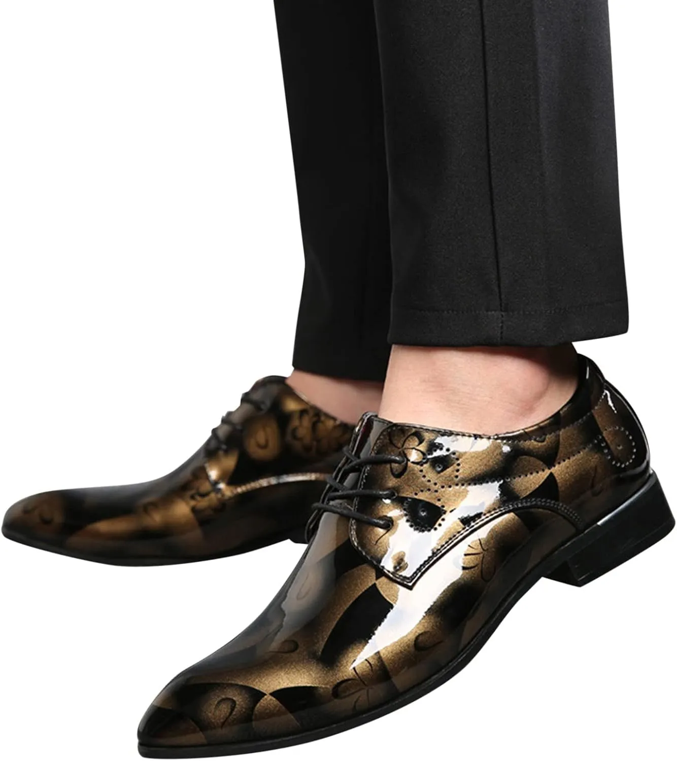 Men Fashion Dress Business Shoe Lace Up Slip On Walking Shoes Pointed Toe Floral Print Leather Low Heel Oxford Sneaker