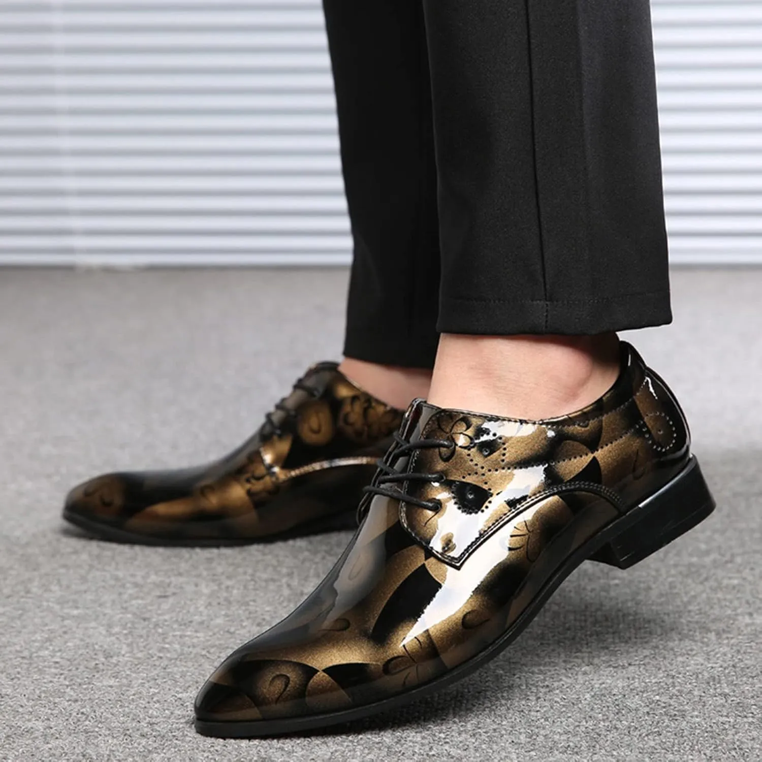 Men Fashion Dress Business Shoe Lace Up Slip On Walking Shoes Pointed Toe Floral Print Leather Low Heel Oxford Sneaker