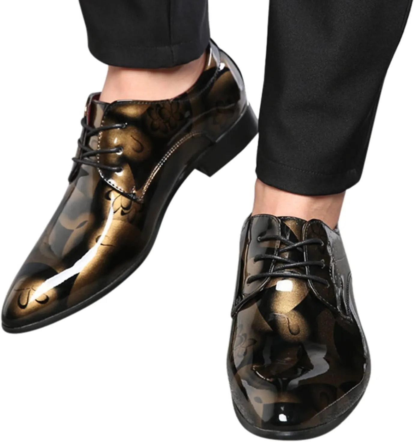 Men Fashion Dress Business Shoe Lace Up Slip On Walking Shoes Pointed Toe Floral Print Leather Low Heel Oxford Sneaker