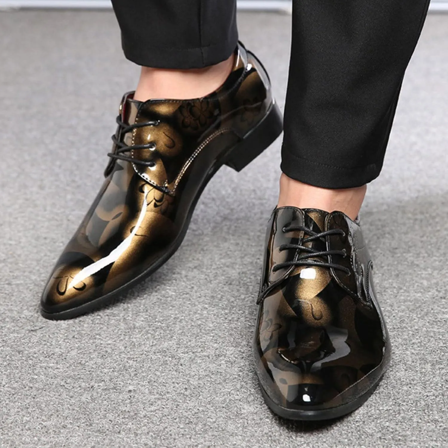 Men Fashion Dress Business Shoe Lace Up Slip On Walking Shoes Pointed Toe Floral Print Leather Low Heel Oxford Sneaker