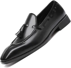 Men's Leather Tassel Dress Loafers Vintage Square Toe Slip-On Oxford Dress Shoes