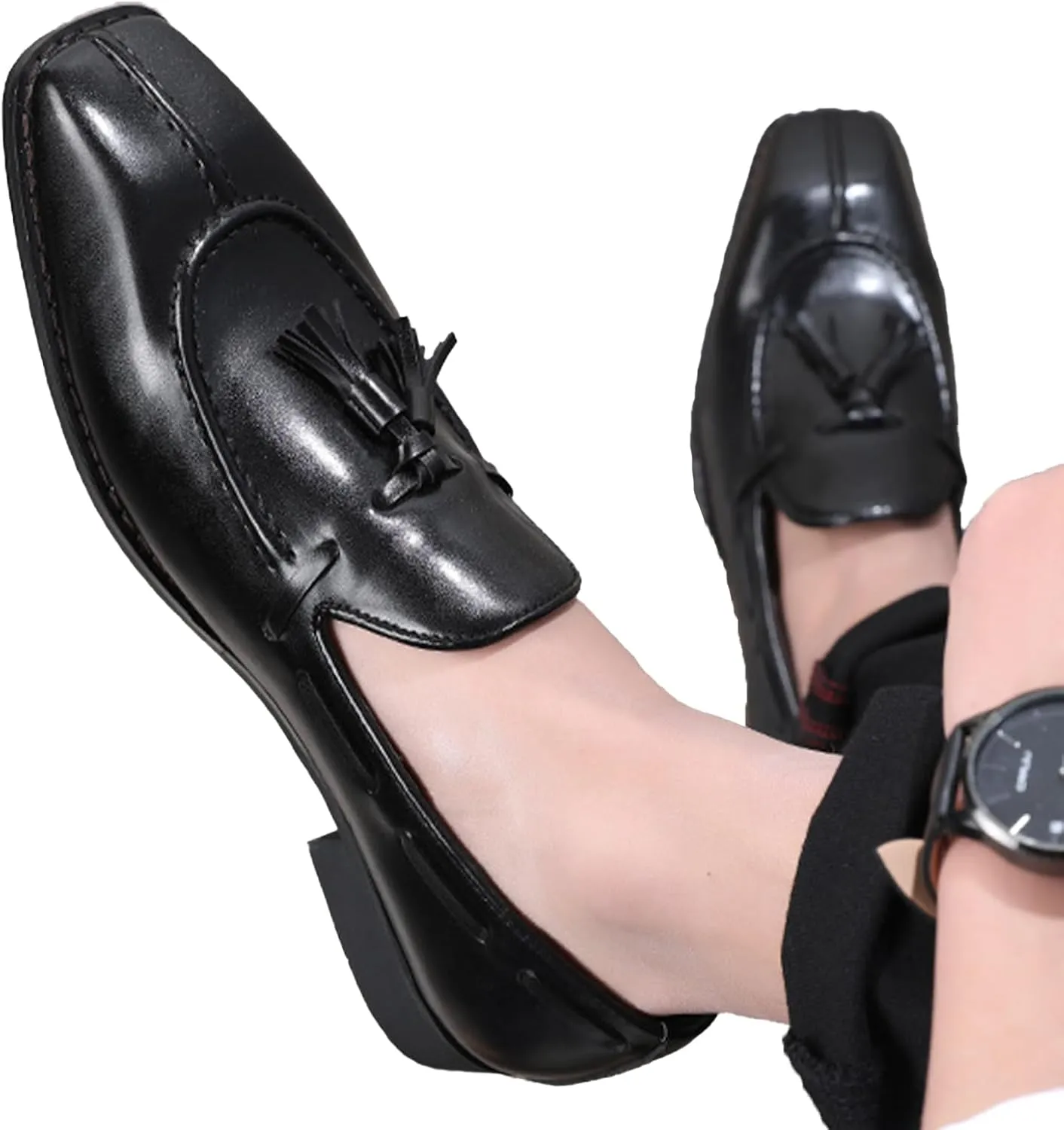 Men's Leather Tassel Dress Loafers Vintage Square Toe Slip-On Oxford Dress Shoes