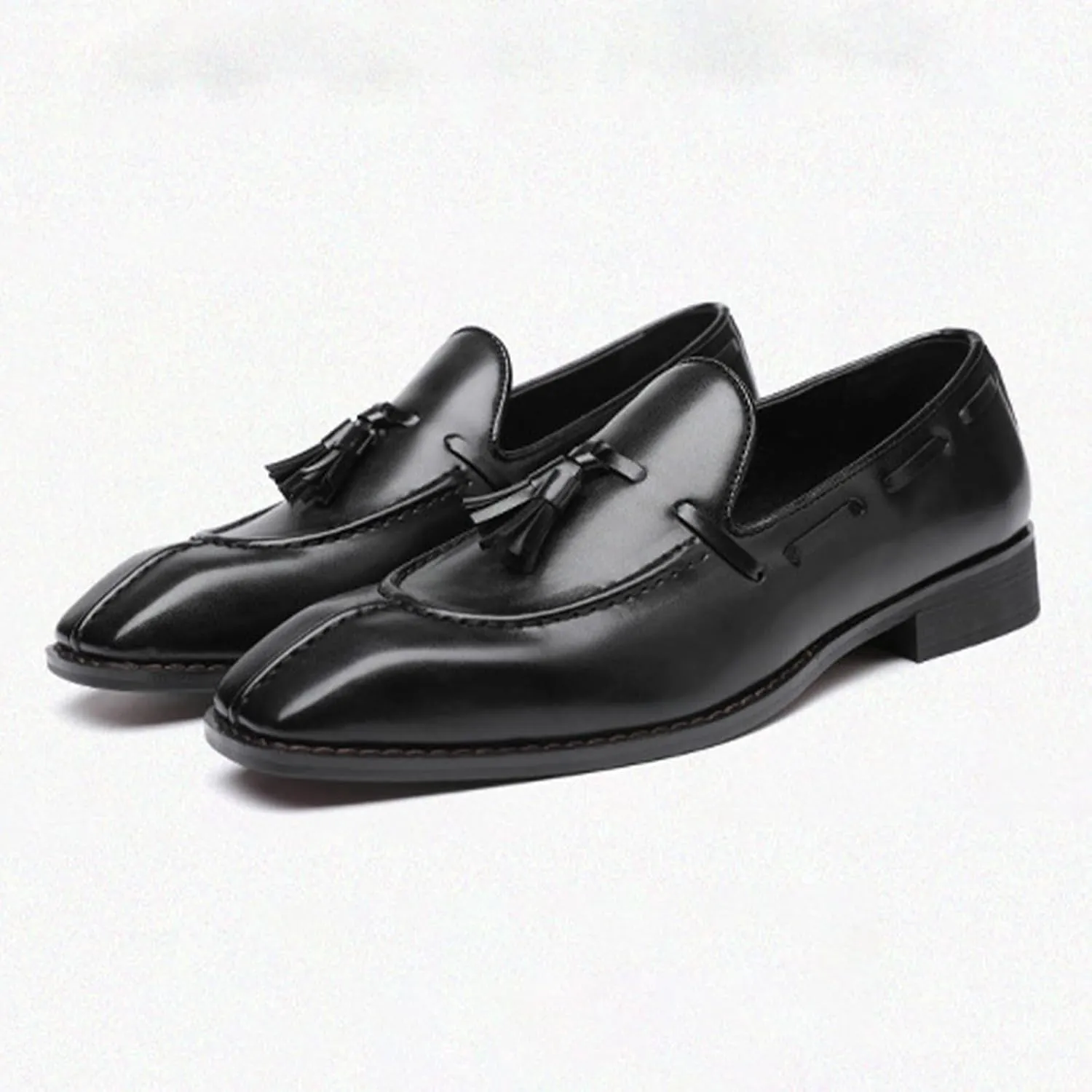 Men's Leather Tassel Dress Loafers Vintage Square Toe Slip-On Oxford Dress Shoes