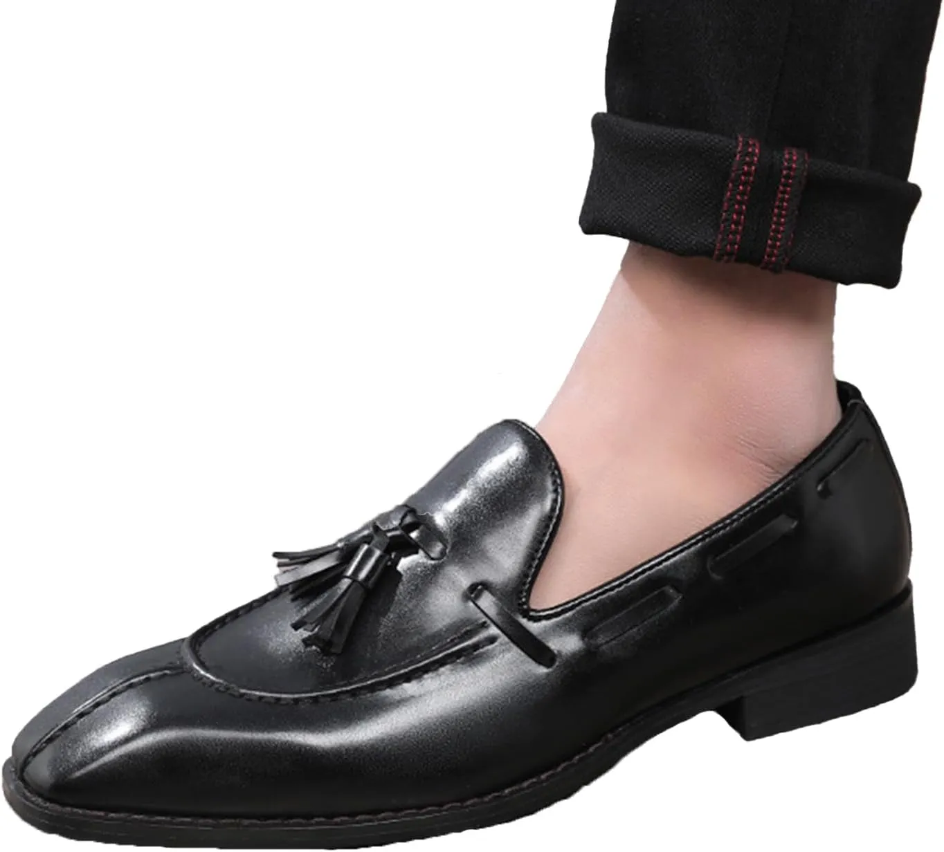 Men's Leather Tassel Dress Loafers Vintage Square Toe Slip-On Oxford Dress Shoes