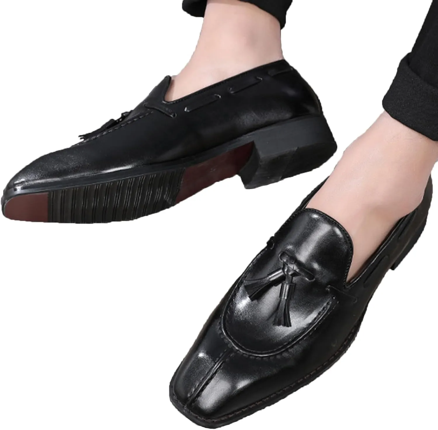 Men's Leather Tassel Dress Loafers Vintage Square Toe Slip-On Oxford Dress Shoes