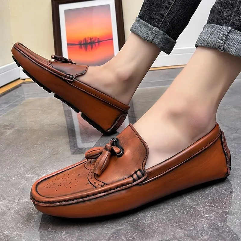 Men's Loafers Round Toe Vegan Leather Brogue Embossed with Tassel Driving Loafers Flexible Lightweight Comfortable Outdoor Slip On