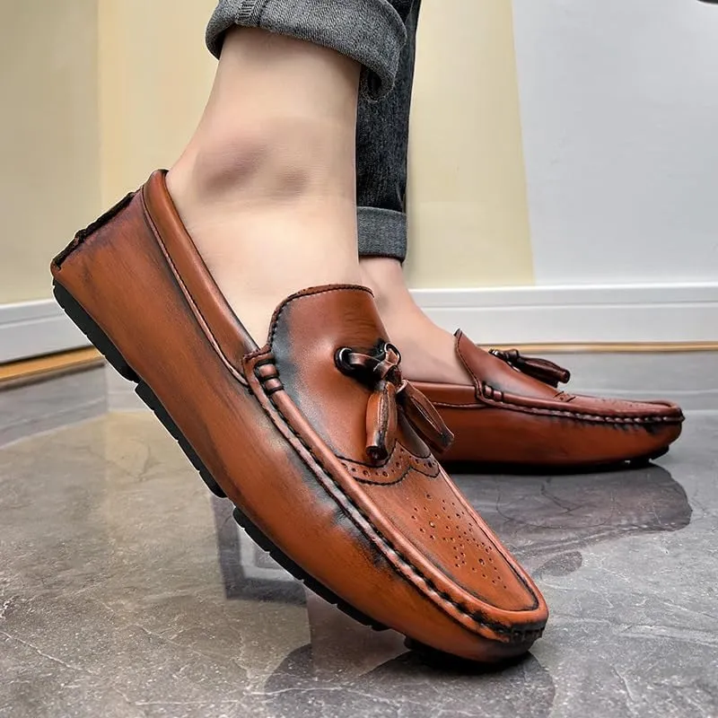 Men's Loafers Round Toe Vegan Leather Brogue Embossed with Tassel Driving Loafers Flexible Lightweight Comfortable Outdoor Slip On