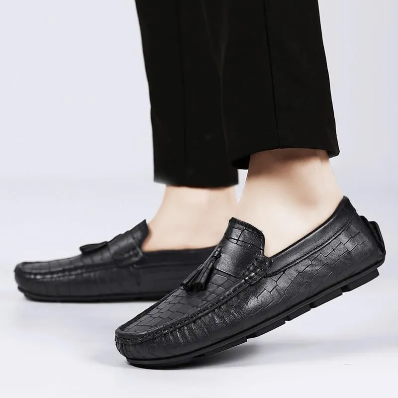 Mens Loafers Round Toe with Tassel Leather Driving Style Loafer Lightweight Flexible Flat Heel Prom Party Slip-on