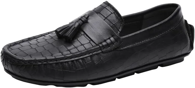 Mens Loafers Round Toe with Tassel Leather Driving Style Loafer Lightweight Flexible Flat Heel Prom Party Slip-on
