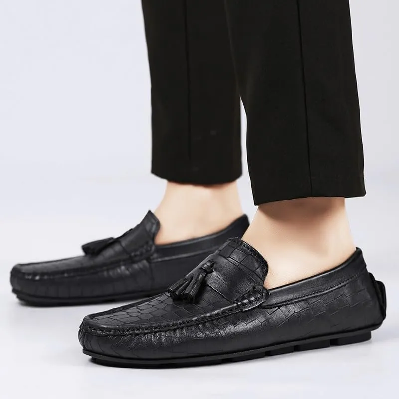 Men's Loafers Shoes Round Toe with Tassel Leather Driving Style Loafer Anti-Slip Flexible Flat Heel Prom Slip-on