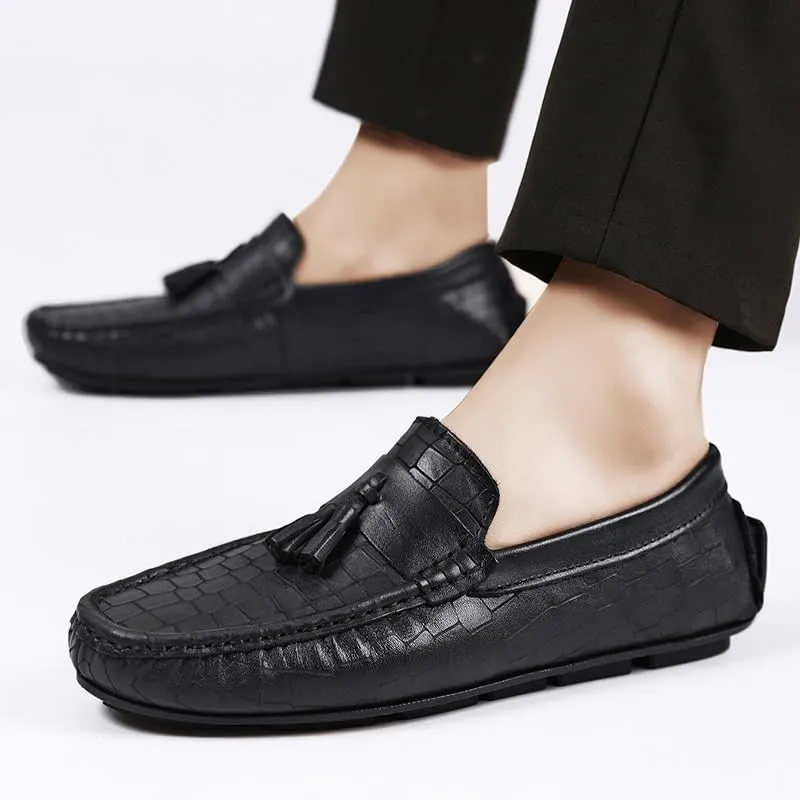 Men's Loafers Shoes Round Toe with Tassel Leather Driving Style Loafer Anti-Slip Flexible Flat Heel Prom Slip-on