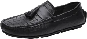Men's Loafers Shoes Round Toe with Tassel Leather Driving Style Loafer Anti-Slip Flexible Flat Heel Prom Slip-on
